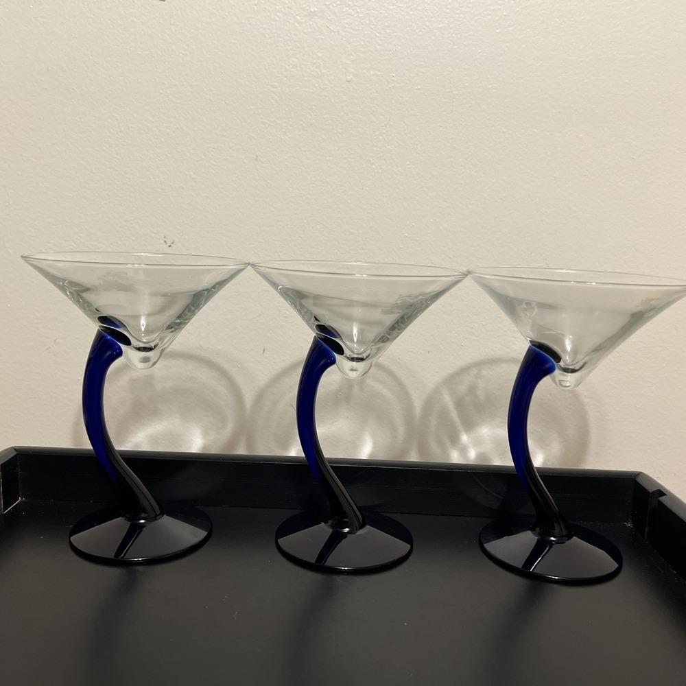 Vintage Libbey Bravura Cobalt Blue Curved Martini Glasses Set Of 3